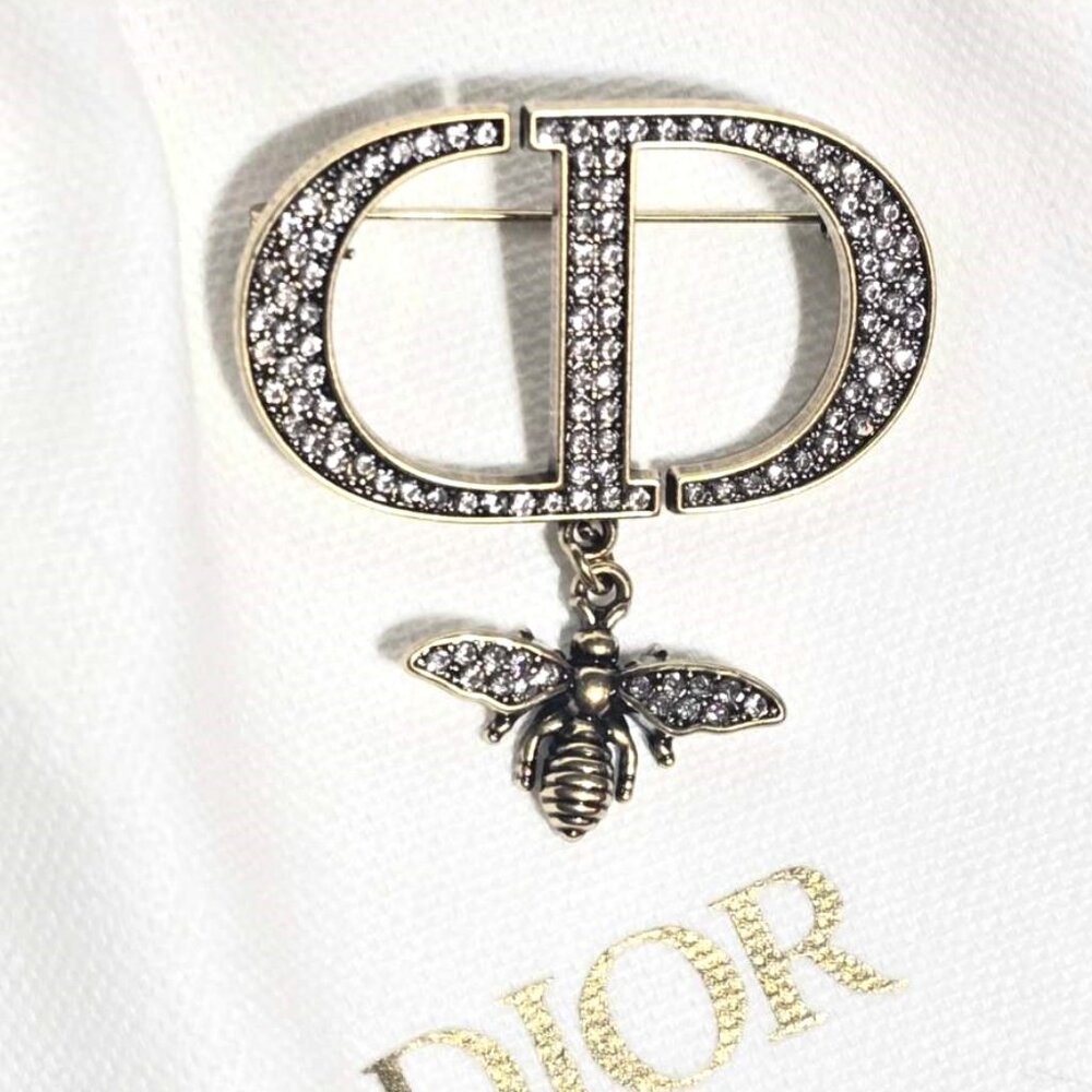 Dior Bee Antique Gold Brooch / Pin with Crystal in a Jewelry Bag Vintage & Rare - Picture 3 of 12